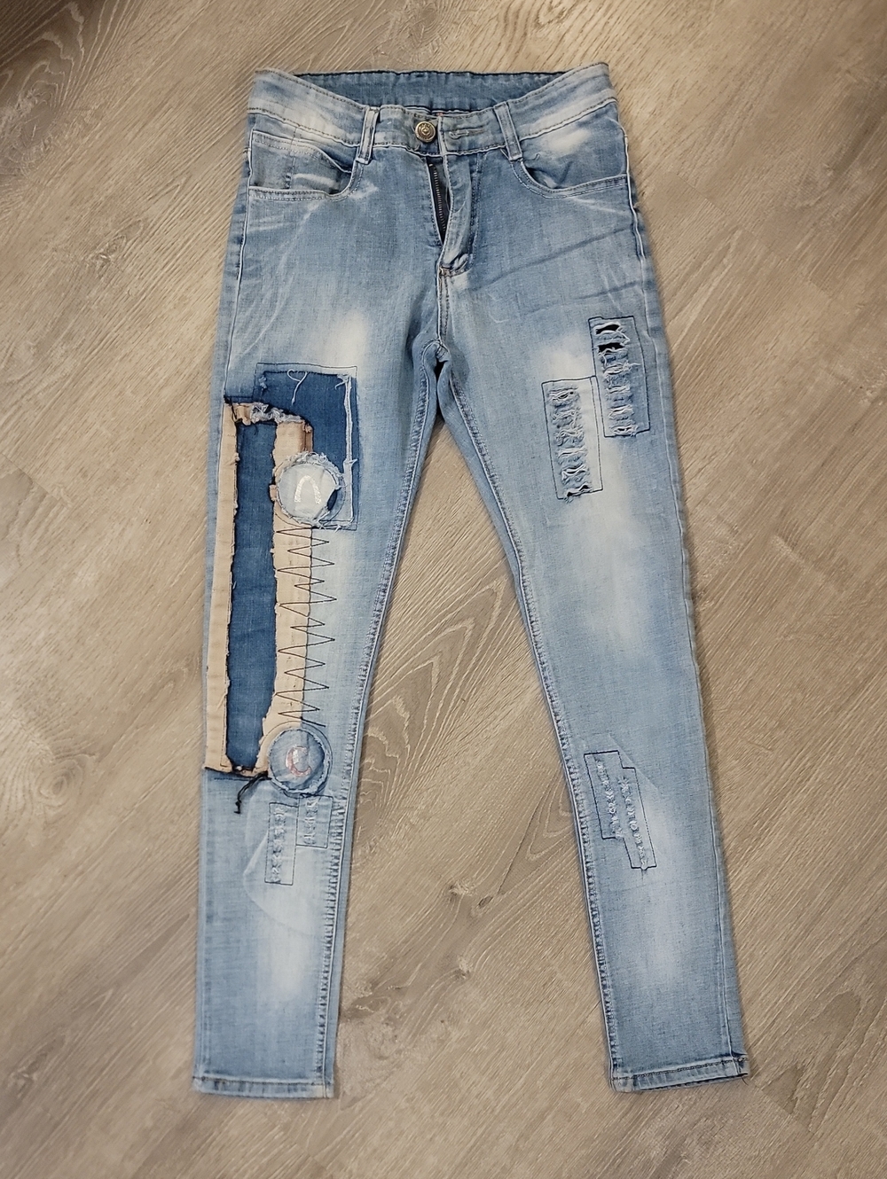 Light Blue Skinny Jeans with Patchwork Embellishment Size 23 Race Car Denim